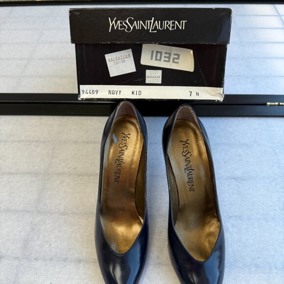 YVES SAINT LAURENT YSL Pump Heel 7N Dress Shoes Vintage Navy Blue Stiletto 90s - Picture 8 of 8